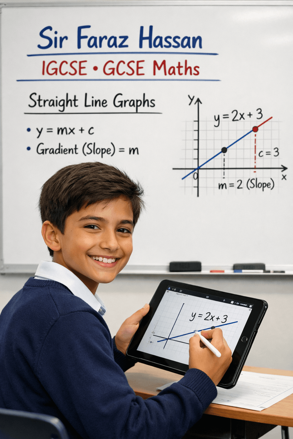 GCSE student learning straight line graphs on an iPad