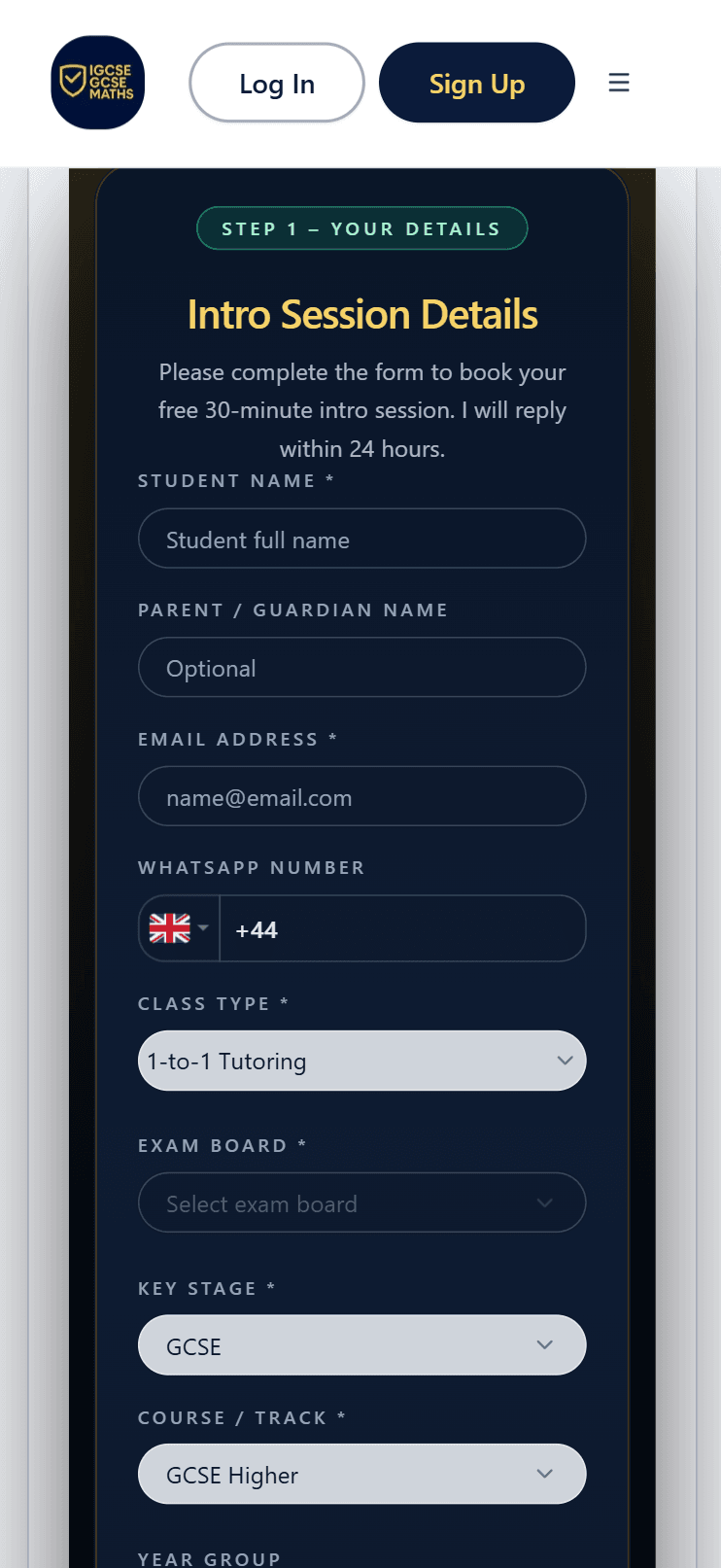 Book intro session form on mobile