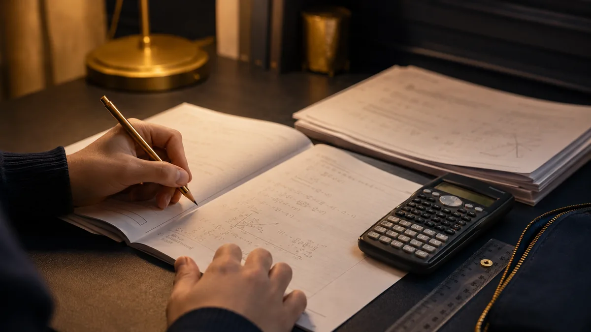 Student practising IGCSE Maths past papers with calculator and ruler under desk lamp